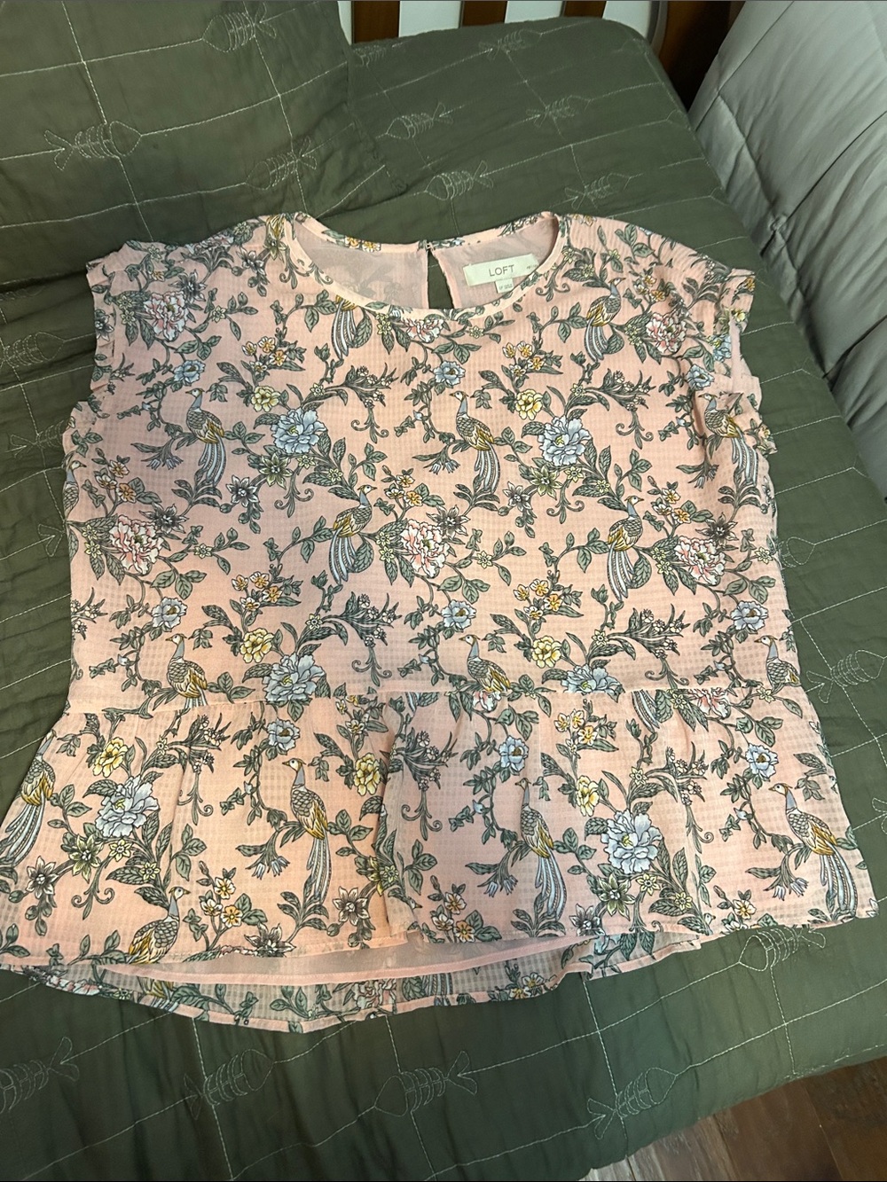 LOFT Pink Floral & Bird Peplum Blouse